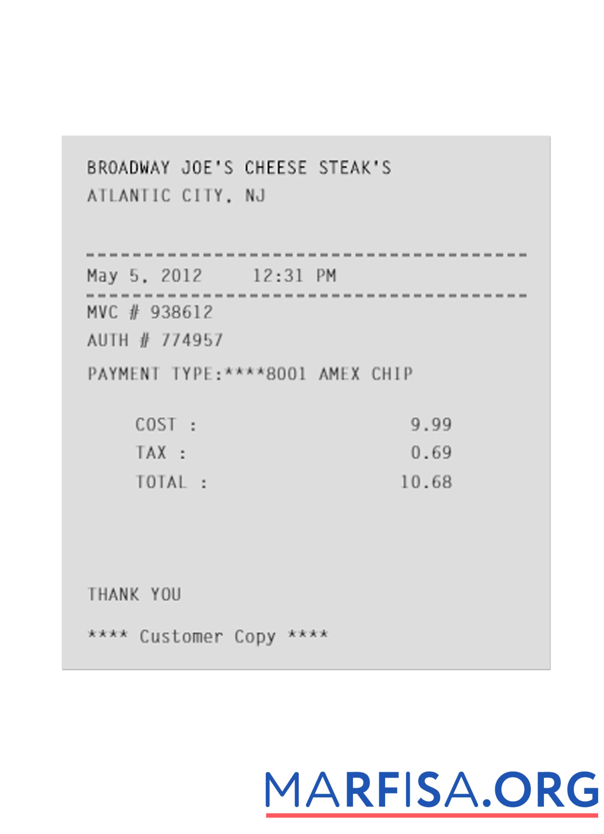 Printable BROADWAY JOE'S CHEESE STEAK'S payment receipt template